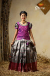 Traditional Grey Banaras Lotus Pattu Pavadai For Kids 