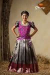 Traditional Grey Banaras Lotus Pattu Pavadai For Kids 