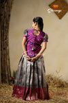 Traditional Grey Banaras Lotus Pattu Pavadai For Kids 