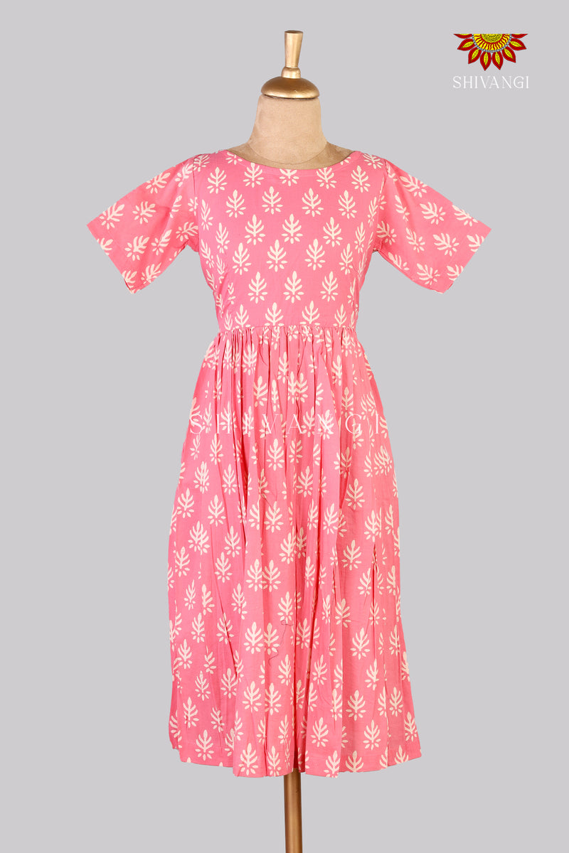 Pink Bagru Floral Frock For Kids