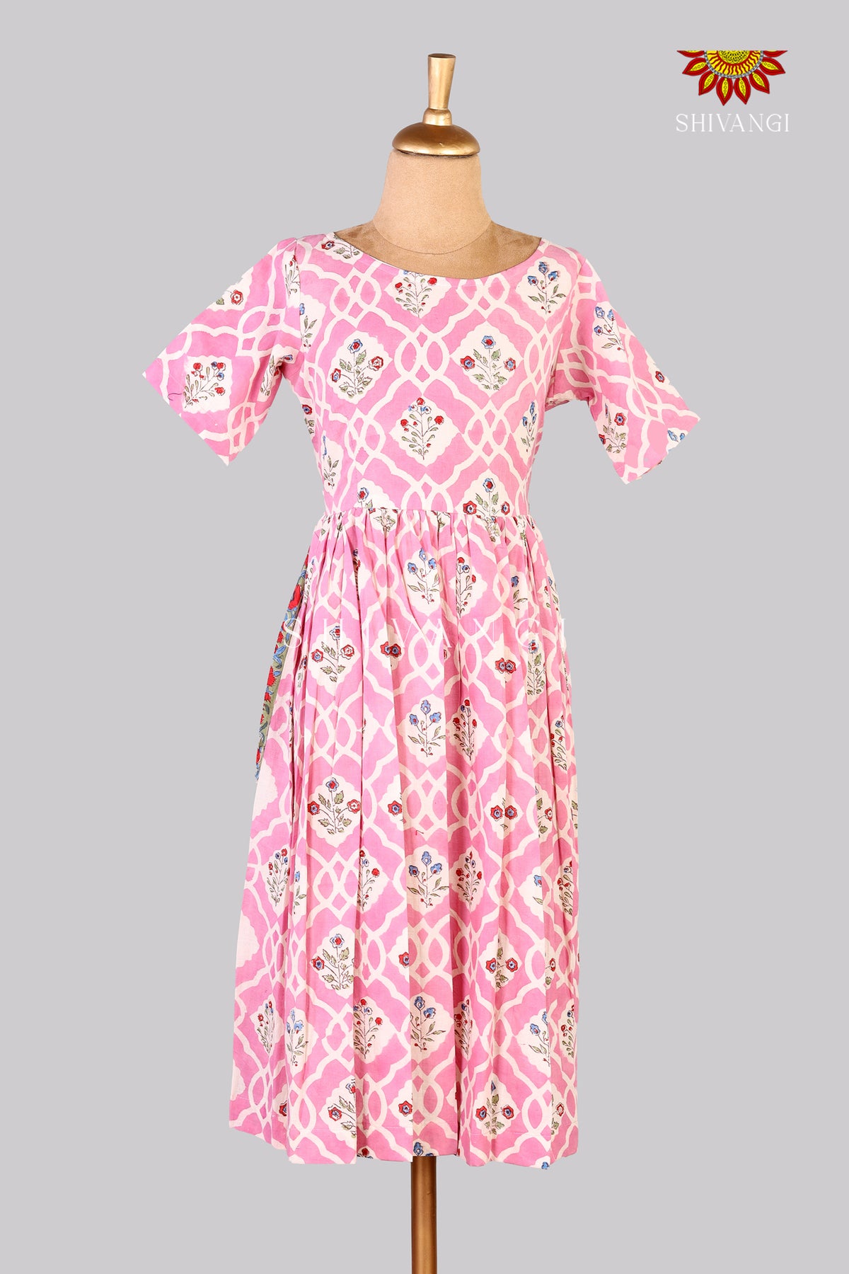 Pink Bagru Floral Knee Frock For Kids
