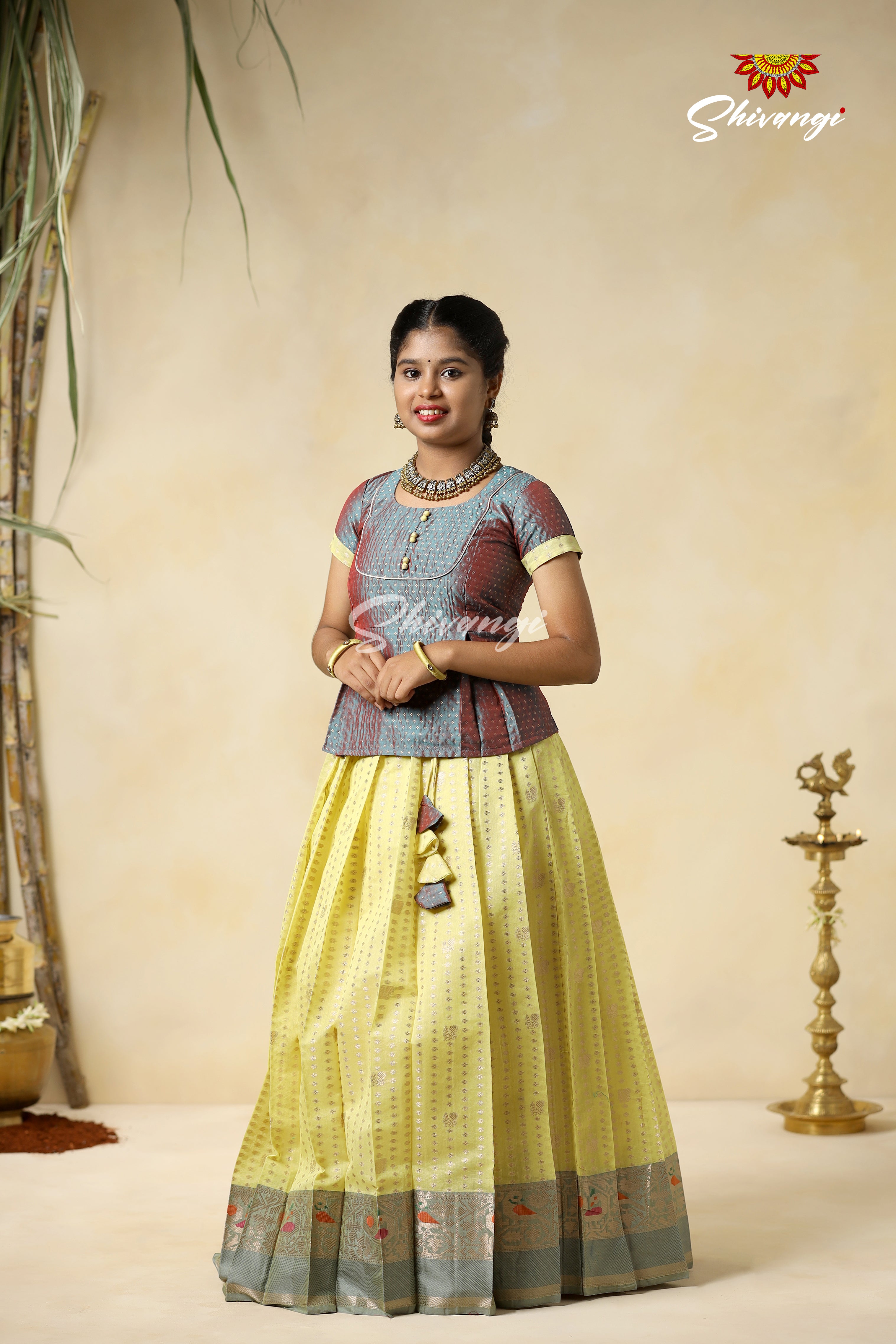 Girls Yellow Peacock Rain Pattu Pavadai Designs - Main Image
