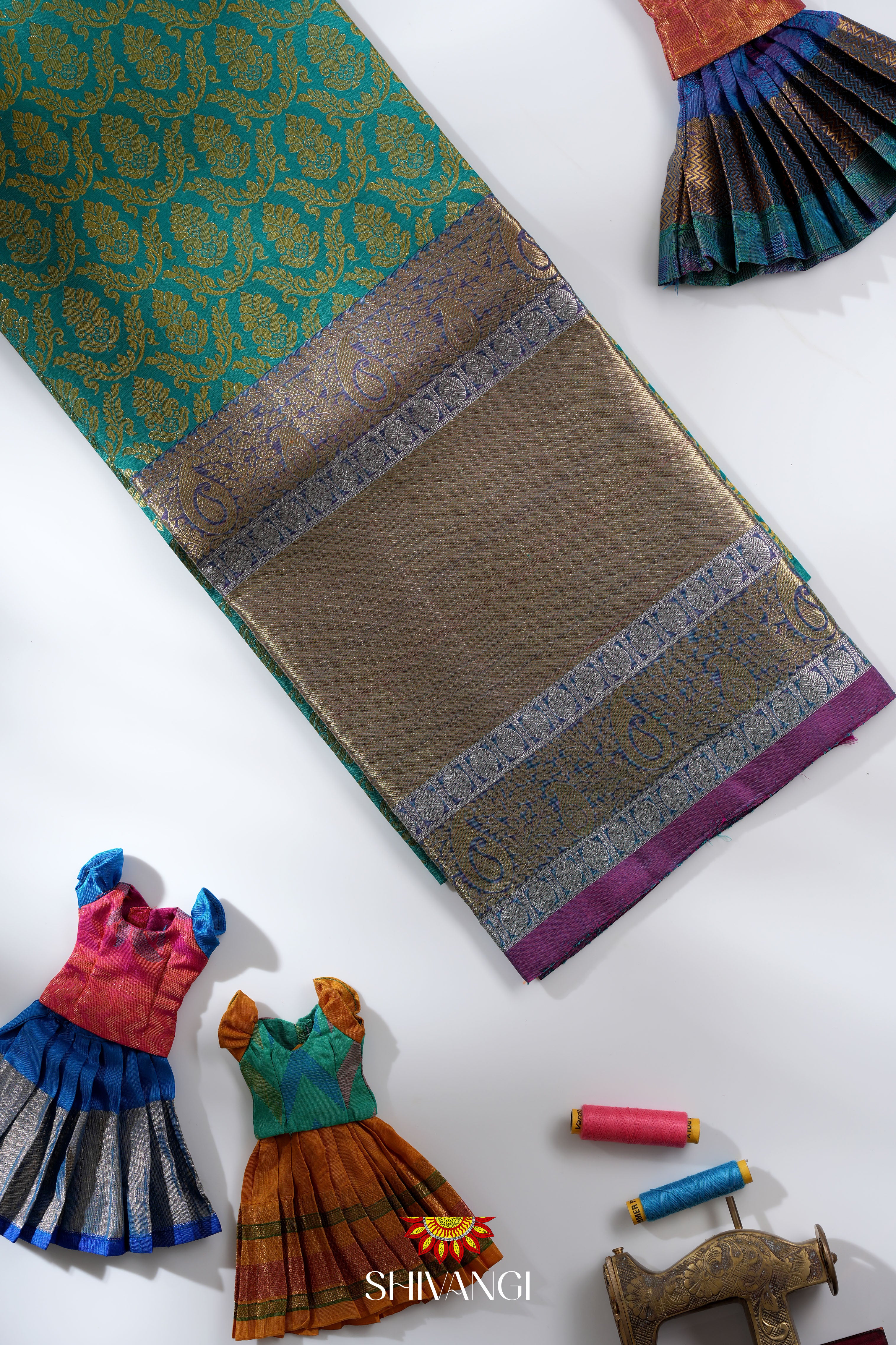 Peacock Blue Silk Pattu Pavadai Unstitched Material For Kids !!! main image 1