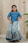 Sky Blue Navy Mango Traditional Pattu Pavadai Set for Girls