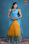 Teenage Girls Yellow Organza Silver Half Saree | Langa Davani 