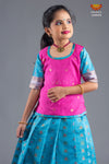 Girls Blue Diamond Tulips Pattu Pavadai 