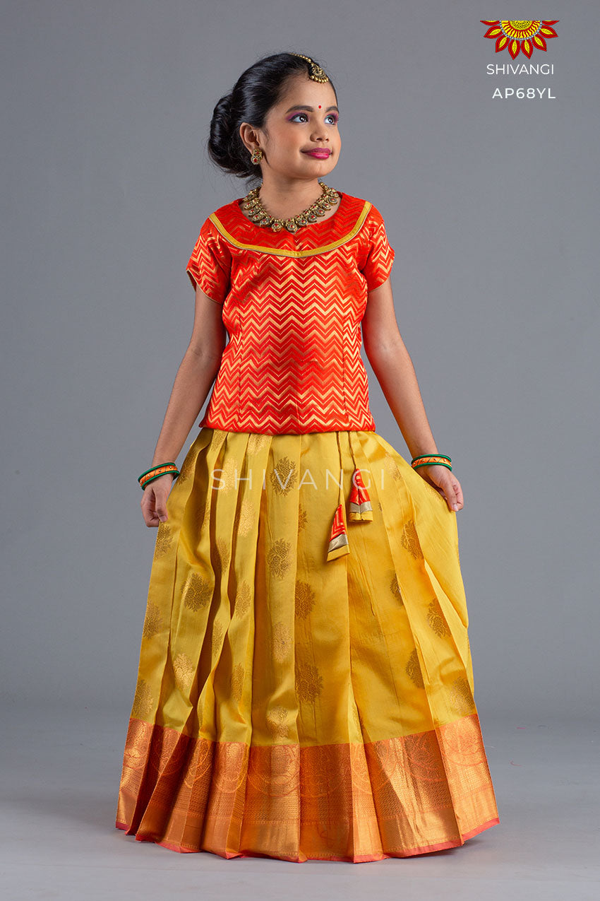 Girls Yellow Floral Bowl Pattu Pavadai – Shivangi   Pattu pavadai