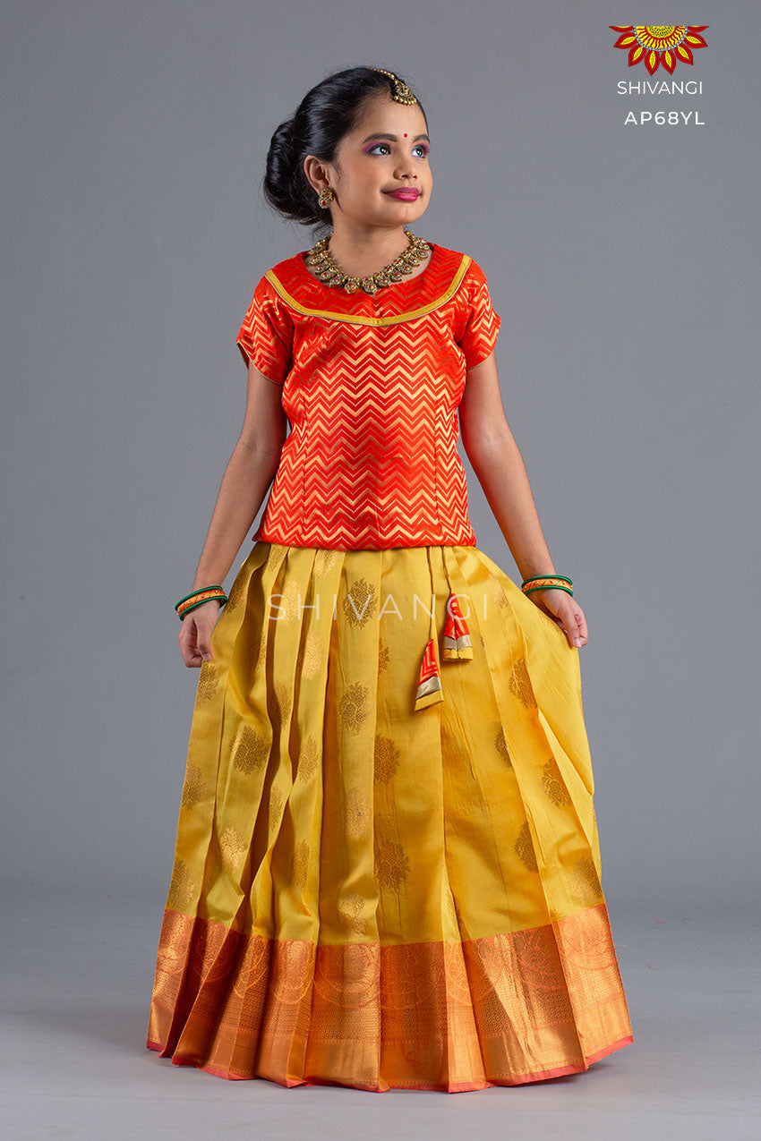 Girls Yellow Floral Bowl Pattu Pavadai – Shivangi Pattu pavadai