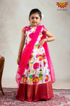 Girls Pink Yellow Lotus Lehenga 