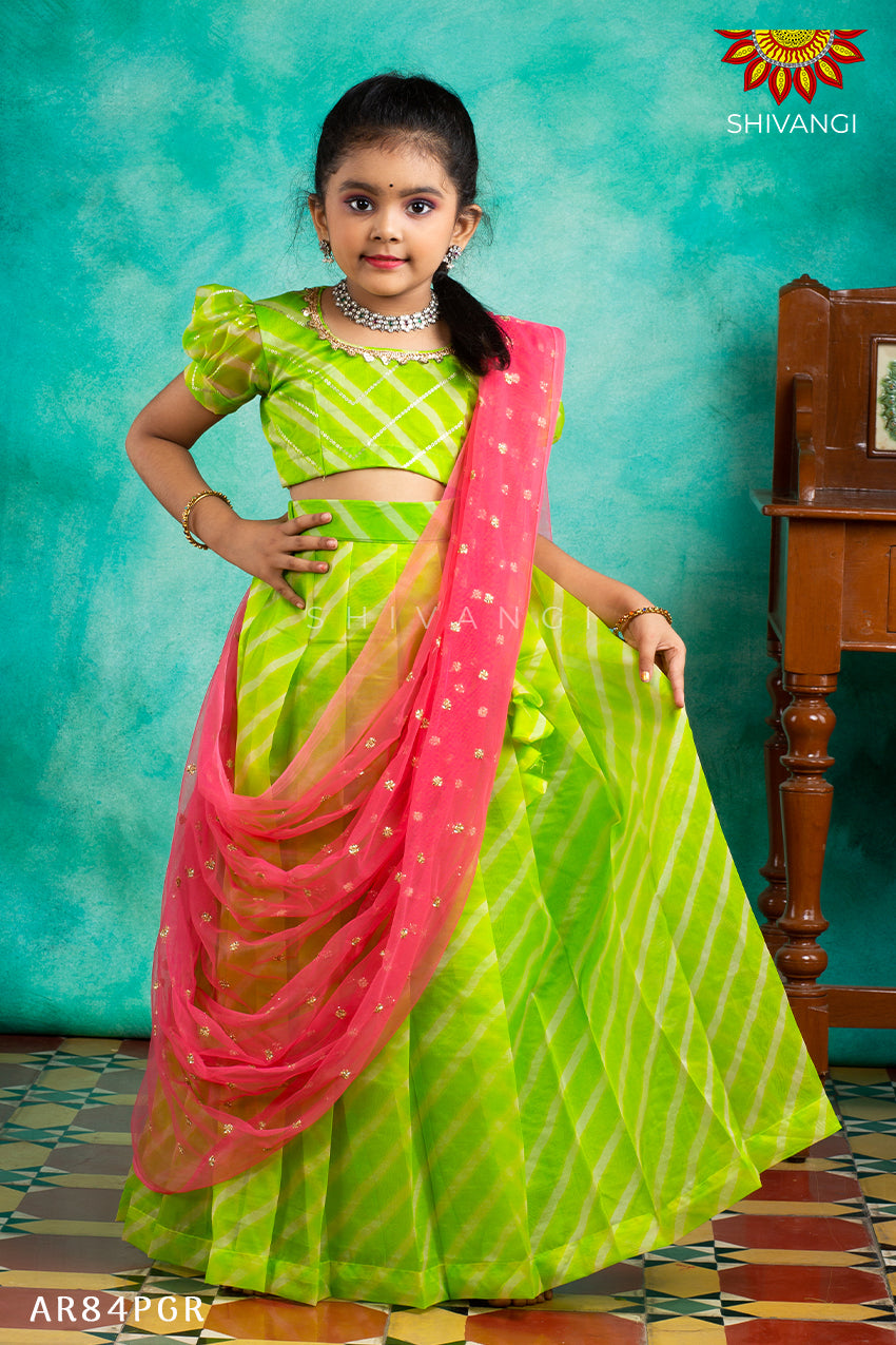 Girls Green Organza Leheriya Lehenga Choli Years