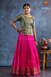 Girls Pink Banarasi Butta Pattu Pavadai | Lehenga 