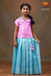 Girls Sky Blue Chanderi Silver Stripes Pattu Pavadai 