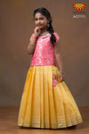 Girls Yellow Chanderi Silver Stripes Pattu Pavadai 