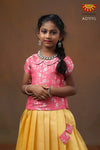 Girls Yellow Chanderi Silver Stripes Pattu Pavadai 