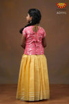 Girls Yellow Chanderi Silver Stripes Pattu Pavadai 