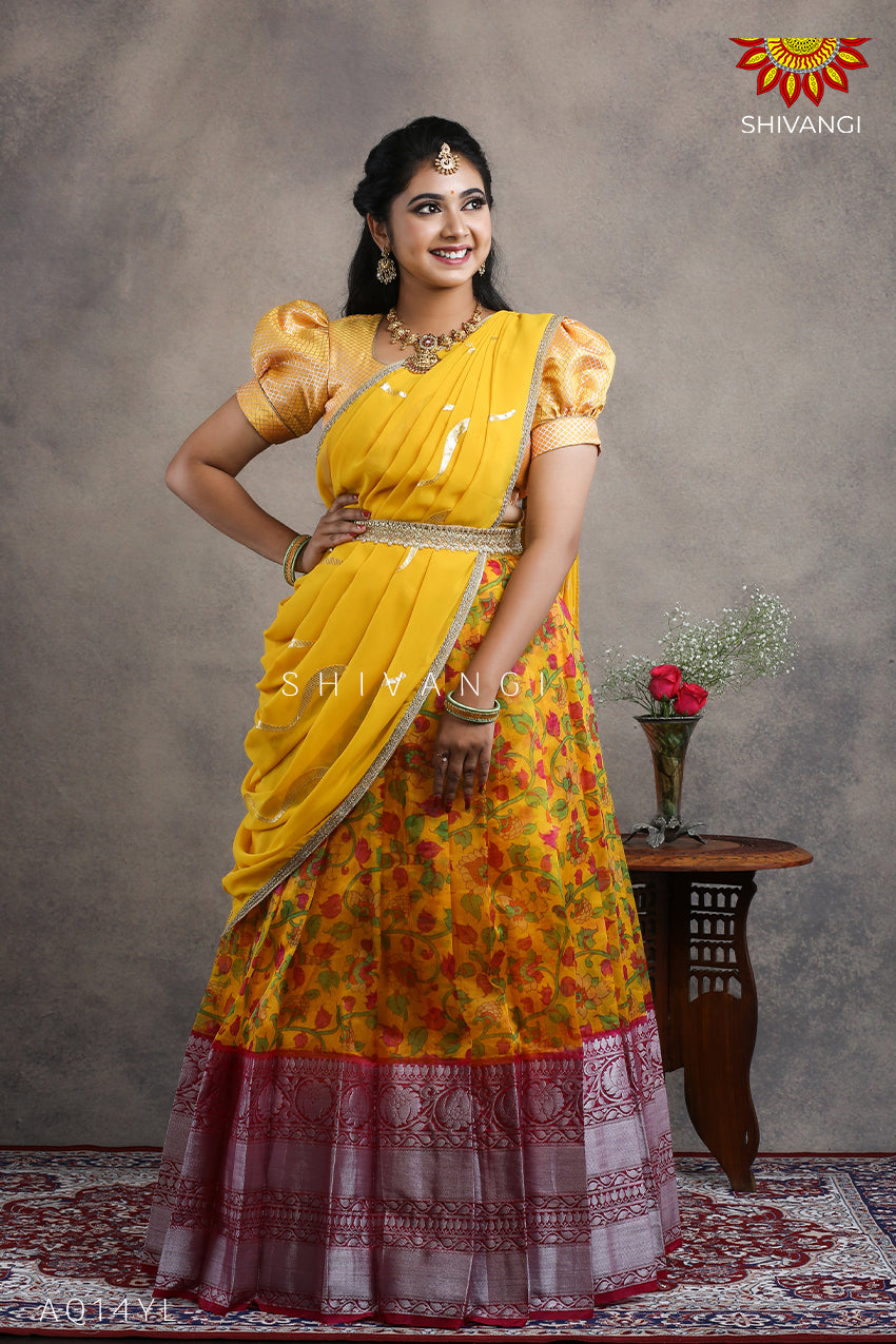 Girls Yellow Organza Floral Creeper Half Saree Langa Davani 14 Years Yellow