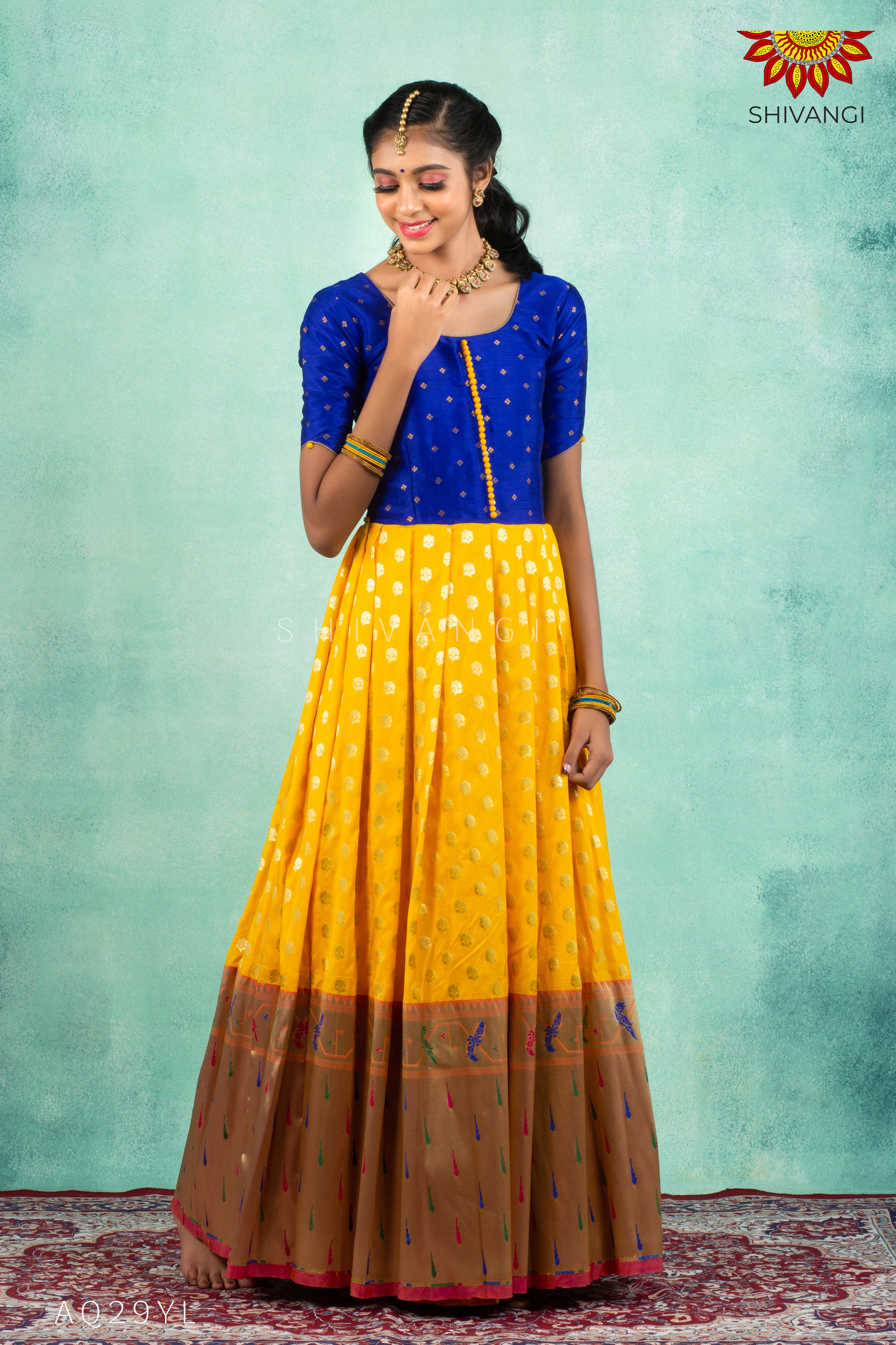 Latest Paithani Horn bill Frock Style Gown 2023 _long Choli_Long gown_Yellow