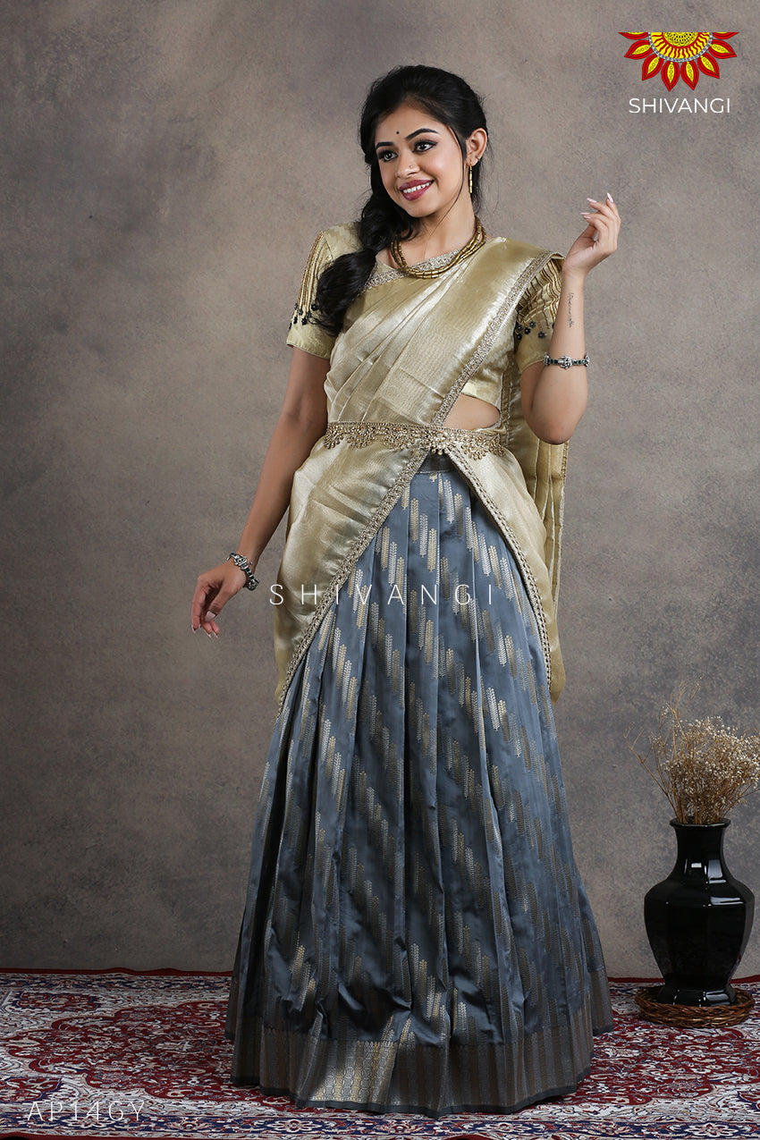 Teenage Girls Grey Millet Half Saree Langa Davani 14 Years