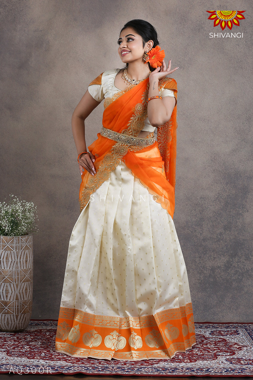 Teenage Girls Orange Twin Mango Half Saree Langa Davani 14 Years Orange